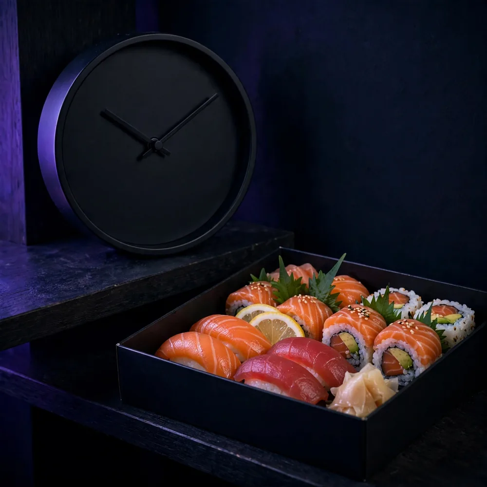 A clock beside a boxed platter