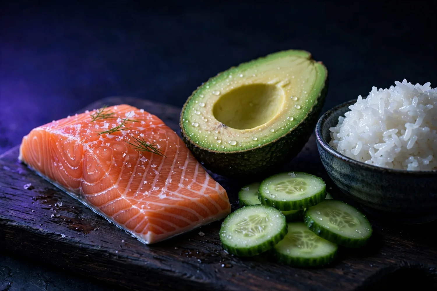 Fresh salmon, avocado, cucumber and rice