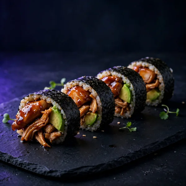 Teriyaki chicken and avocado maki pieces