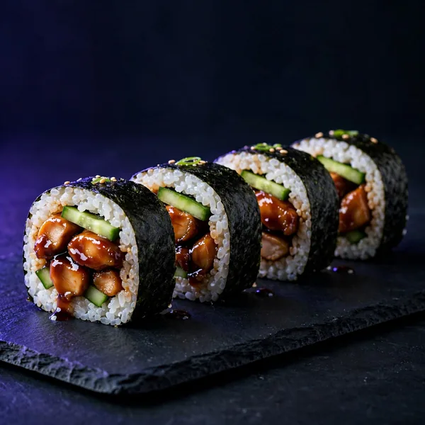 Teriyaki chicken and cucumber maki pieces