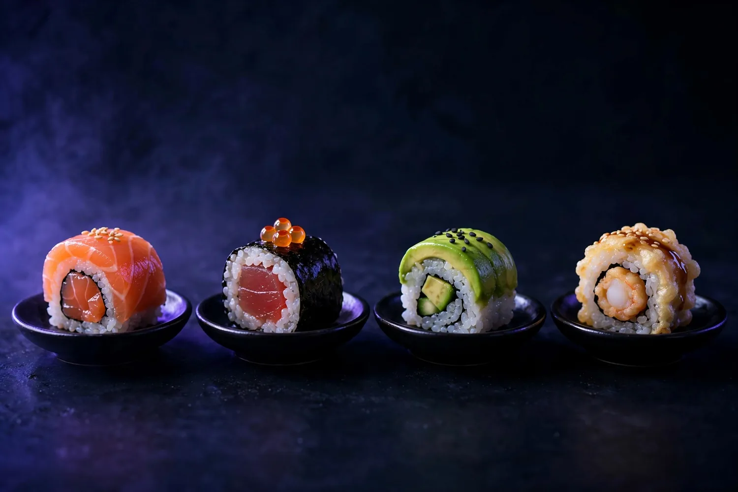 Four dishes with one maki piece each